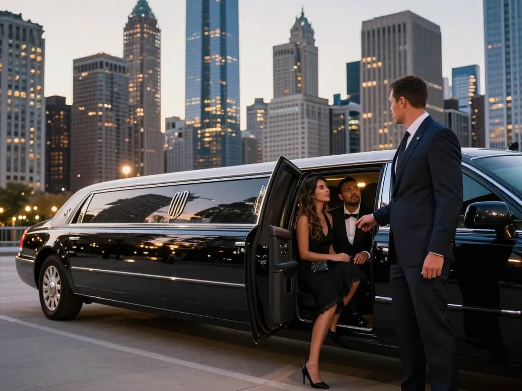 Limo company Plainfield IL offering luxury transportation in Chicago with professional chauffeur and elegant couples.