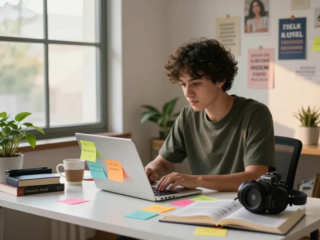 Content creator researching NSFW topics in vibrant home office