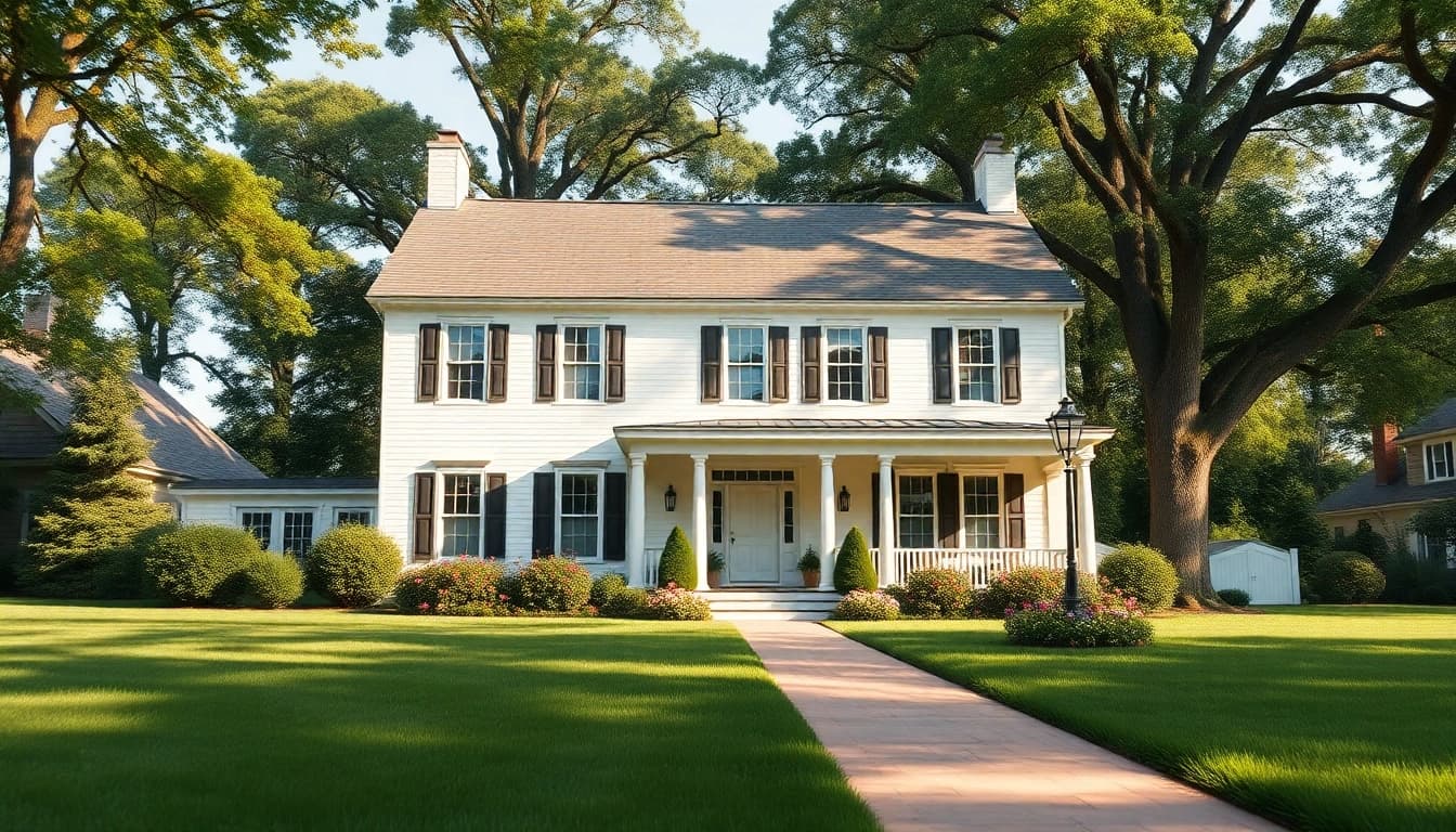 Showcasing colonial home construction features in a serene suburban environment.