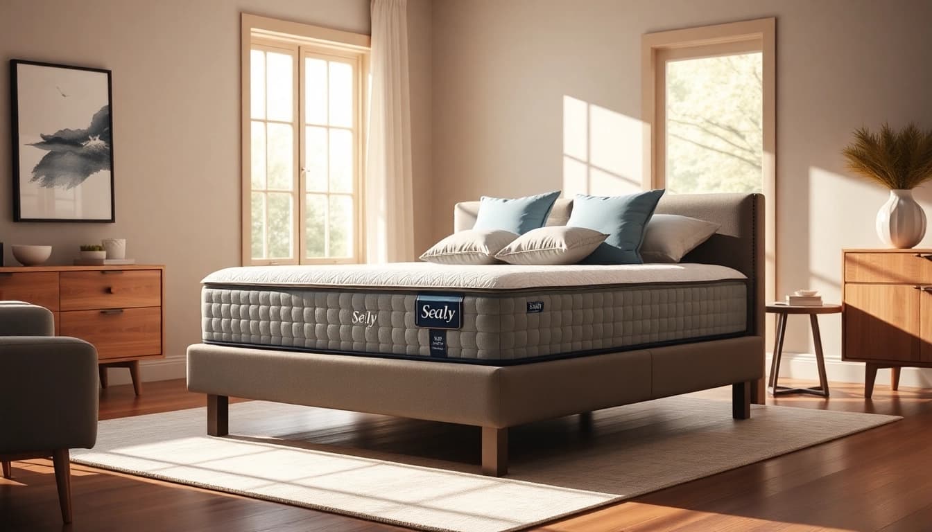 Admiring the Sealy Posturepedic bed in a serene and modern bedroom setting, perfect for comfort.