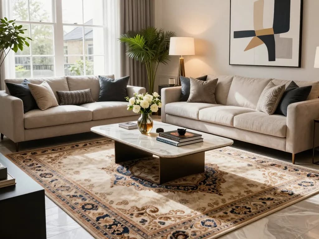 Elegant living room with luxury carpets London, designer sofa, and natural light.