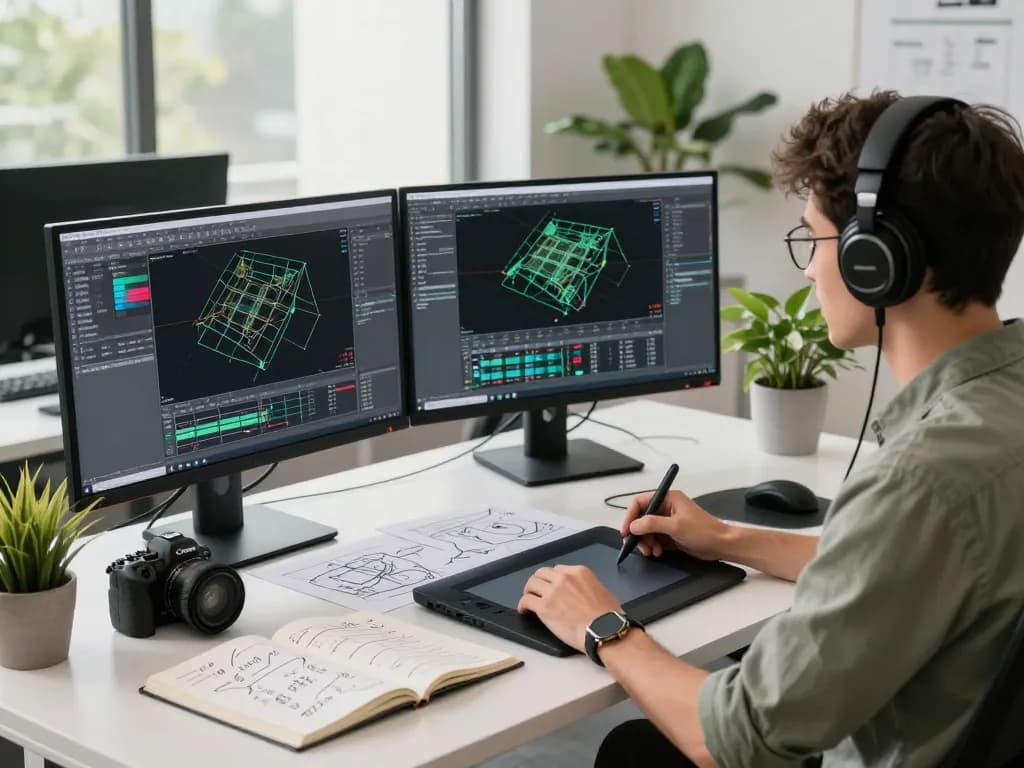 3D Model generator in an innovative tech workspace with a developer using CAD software and design tools.