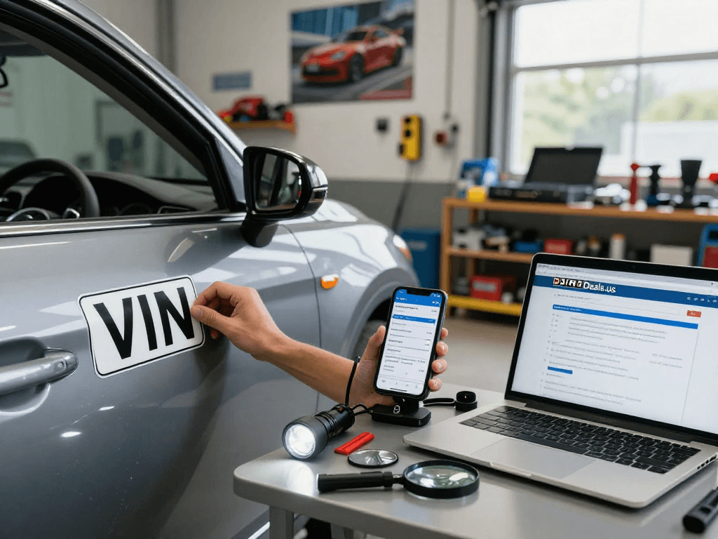 Verify VIN with Carfax Verify VIN report during vehicle inspection in an automotive garage.