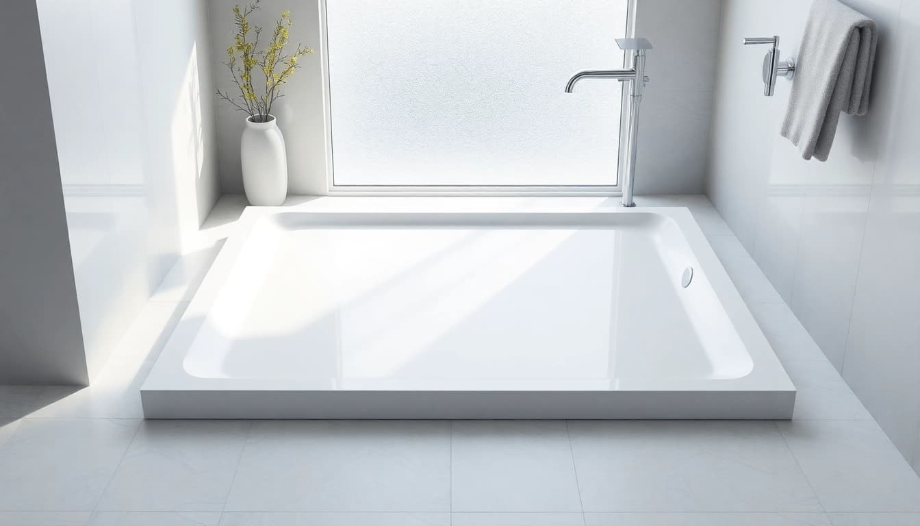 Install an elegant 800 x 800 shower base in a modern, bright bathroom setting.