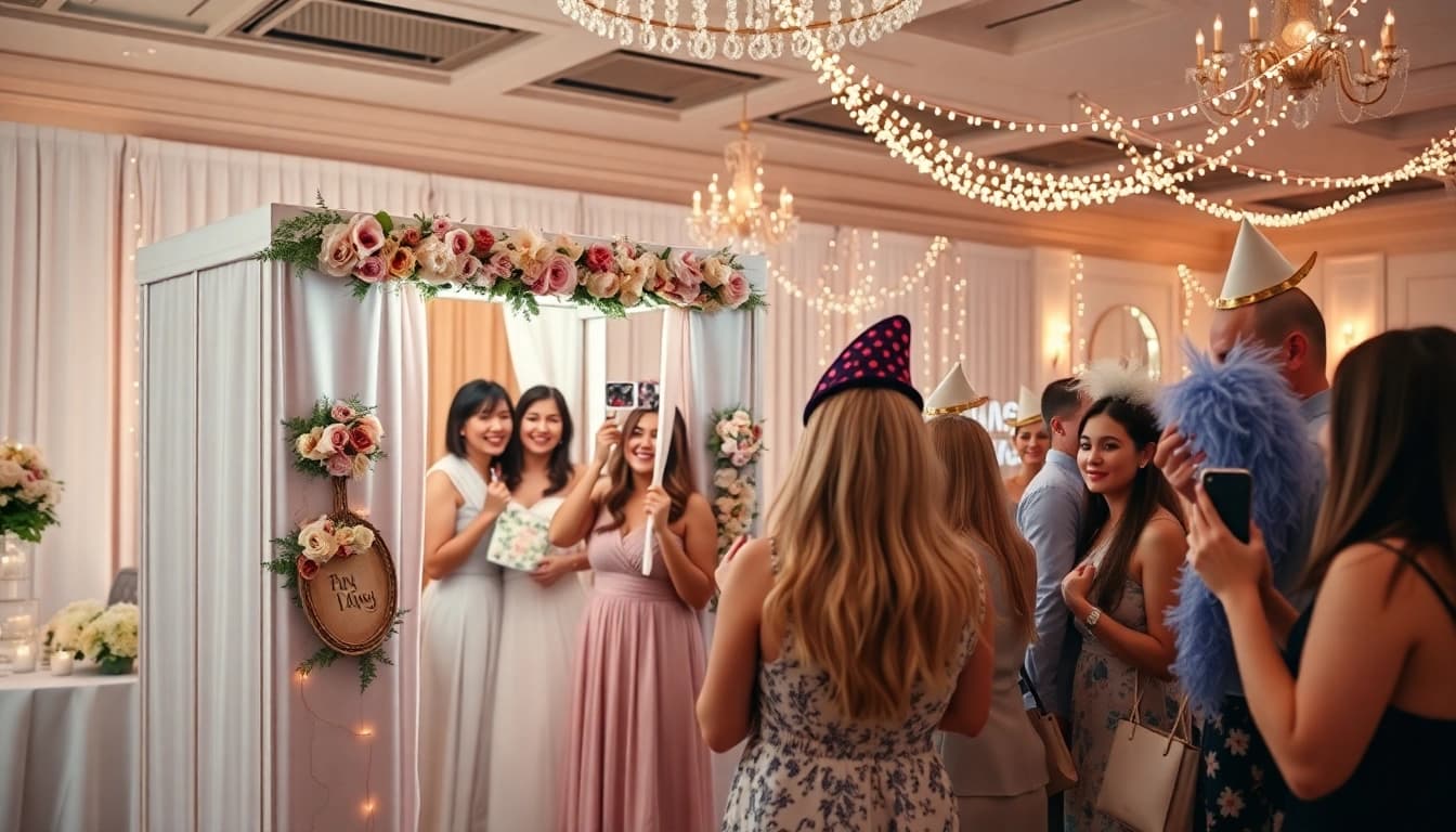 Experience the joy of photo booth rental at a wedding, featuring guests enjoying a colorful and festive setup.