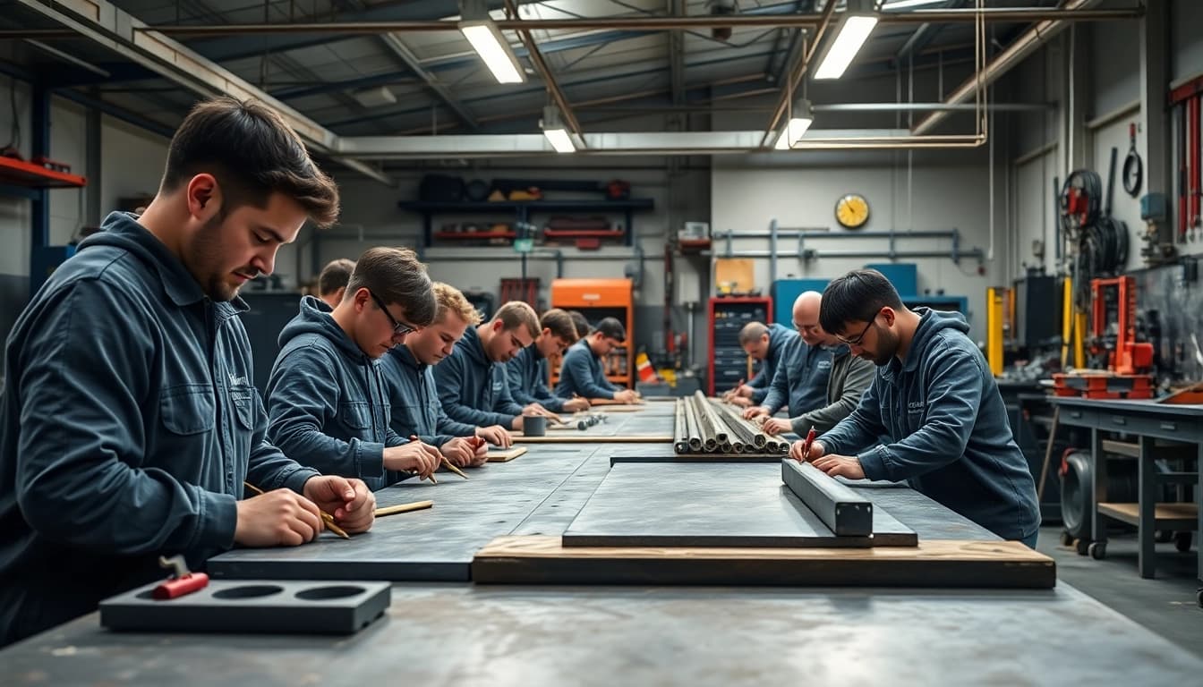 Engaged trainees participating in sheet metal training activity with hands-on experience.