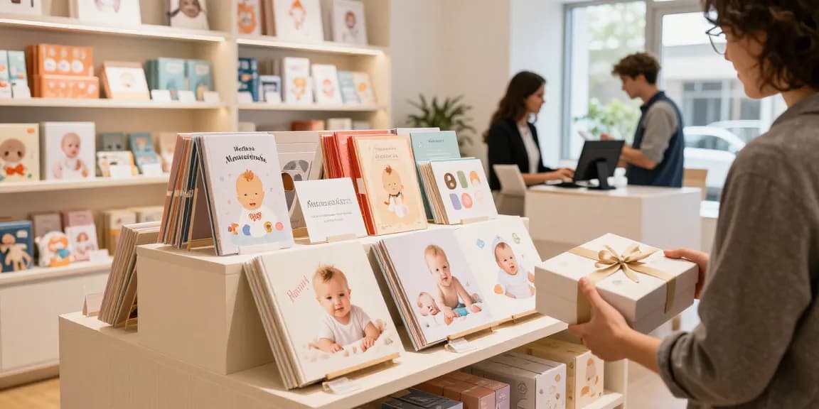 Shoplinks 4u showcasing a vibrant selection of baby albums and gift ideas in a modern retail environment.