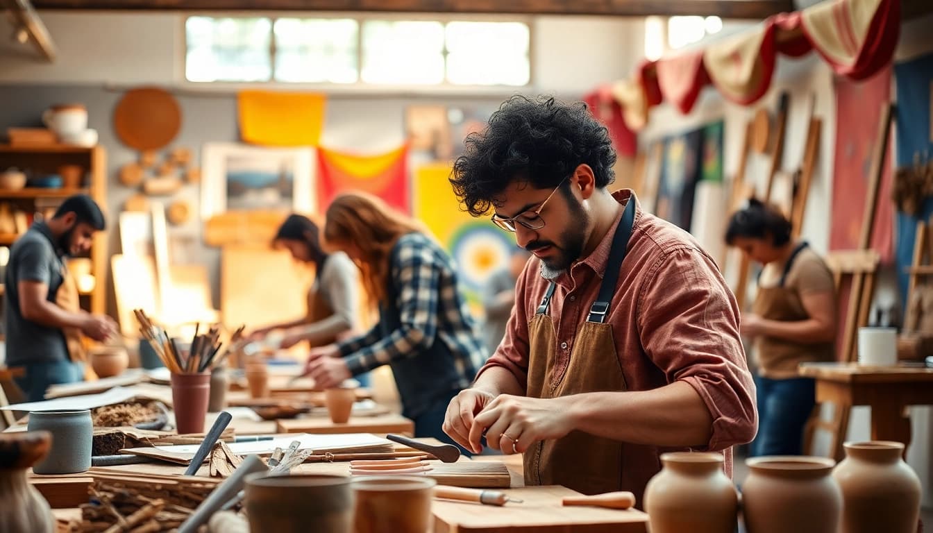 Engaging craft training programs focusing on diverse skills and creativity in a vibrant workshop setting.
