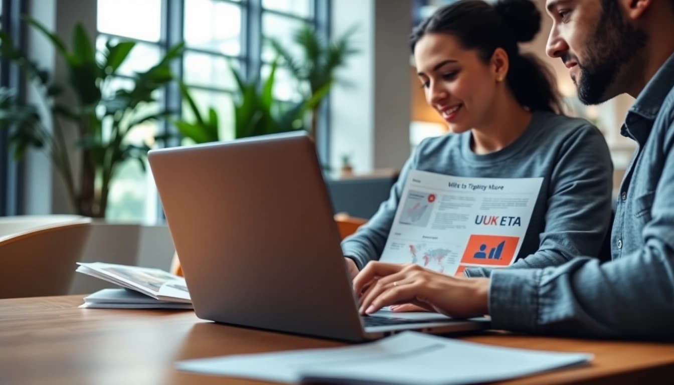 Individuals completing the uk eta online application on a laptop in a bright co-working space.