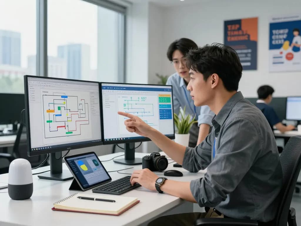 Automation specialist collaborating in a modern workspace with advanced tools and real-time data.