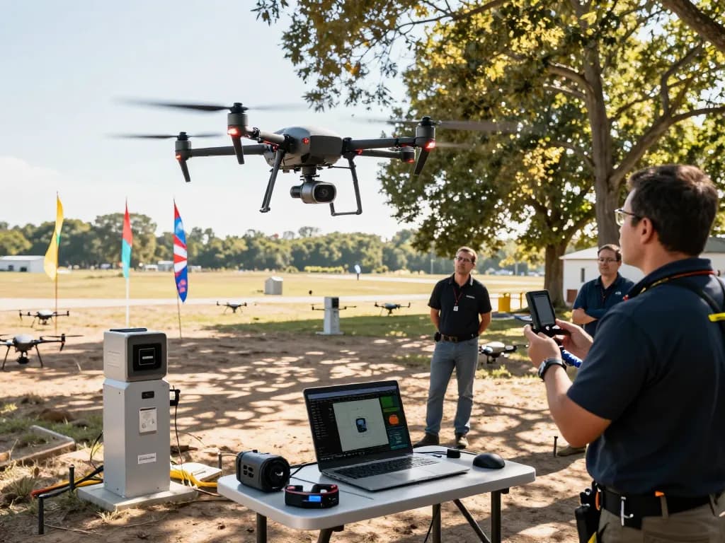 Technician operating a drone termico in a testing facility, demonstrating advanced thermal imaging technology.