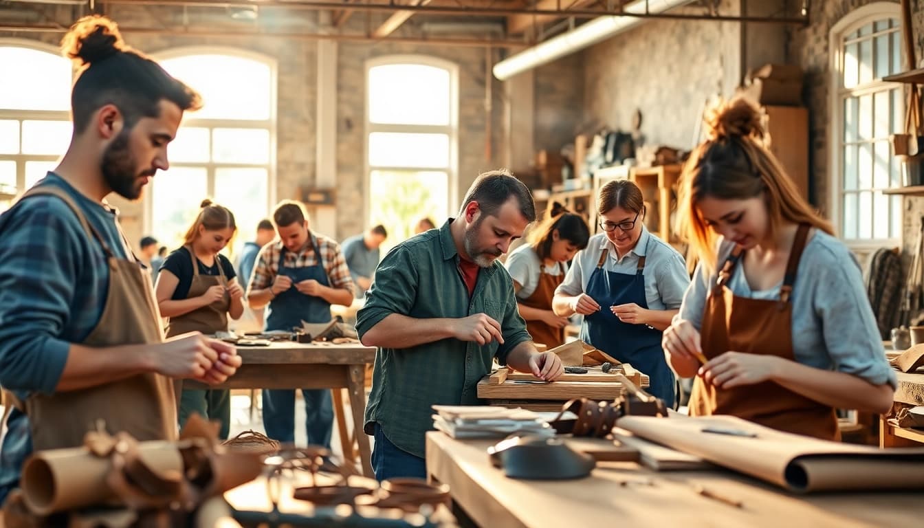 Engaging in craft training programs in a vibrant workshop setting featuring diverse artisans.