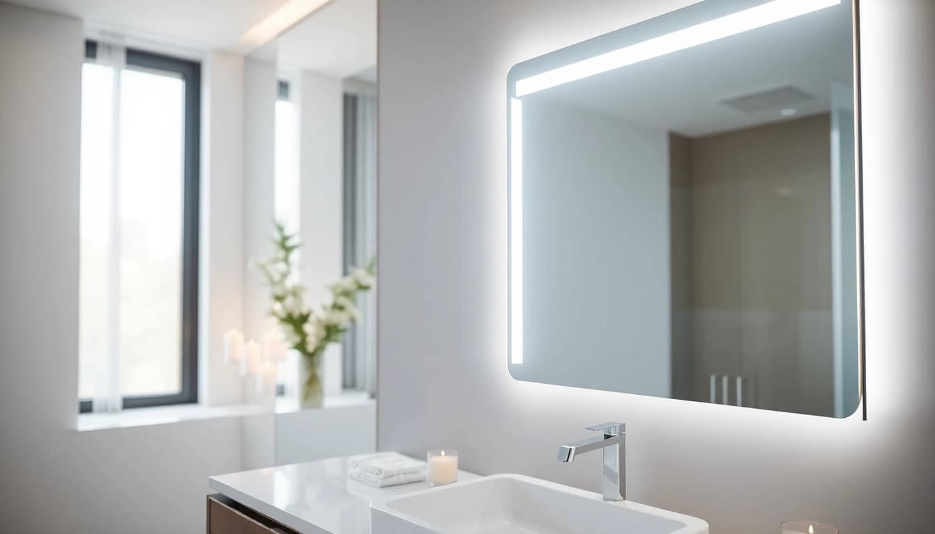 Showcasing an elegant LED mirror in a modern bathroom for a sophisticated ambience.