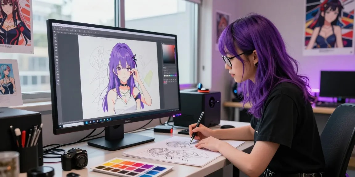 A young artist generating ai ecchi digital art in a vibrant creative studio with colorful palettes and anime posters.