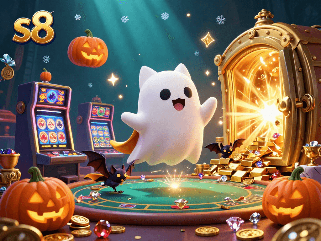 The s8 platform immerses players in a spectacular casino experience with a ghost cat and vampire bat in a vibrant Halloween theme.