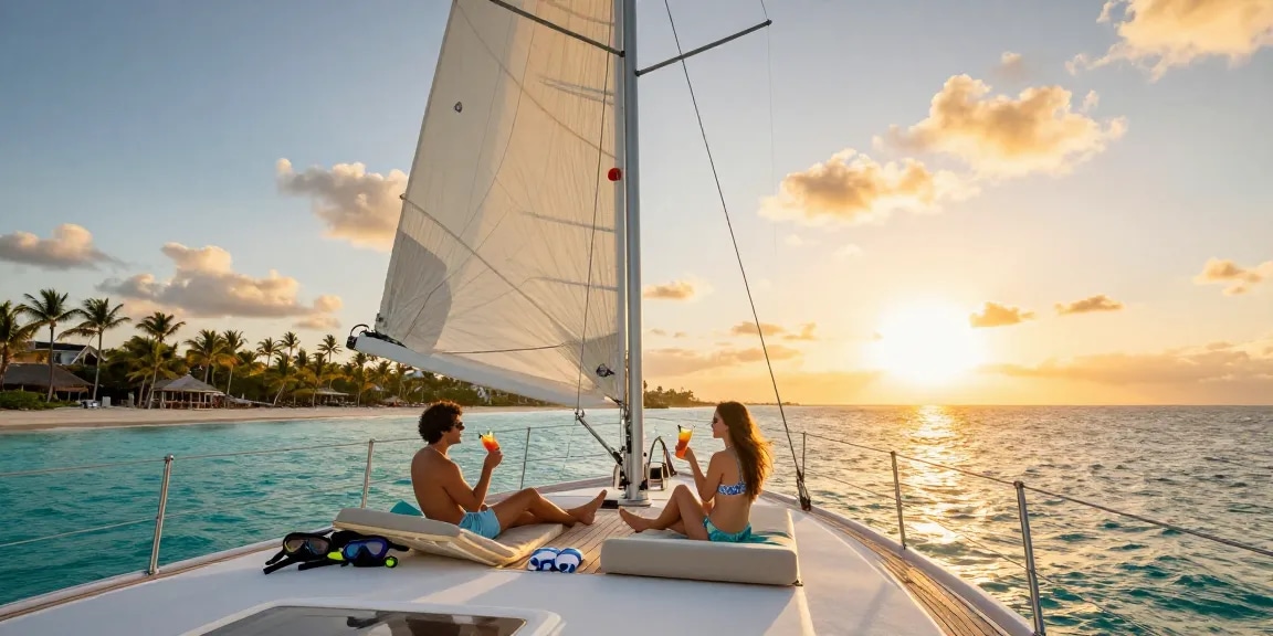 A couple enjoying a sunset yacht charter in Punta Cana, sipping cocktails on a luxurious boat surrounded by turquoise waters and palm trees.