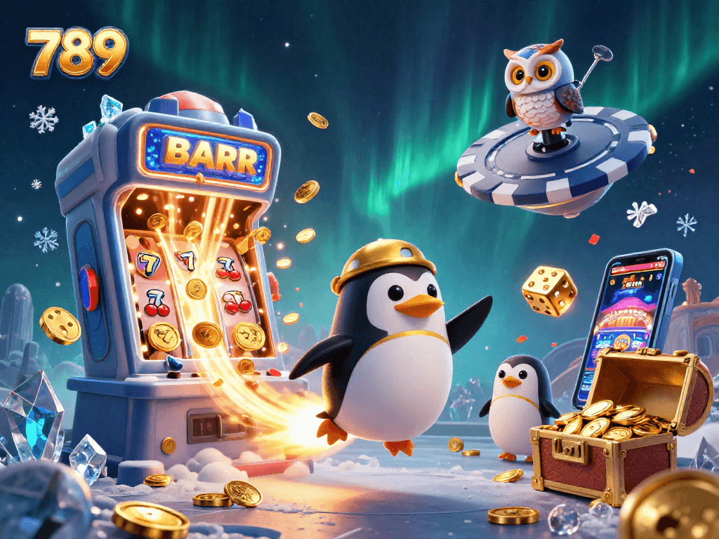 Experience the thrilling world of 789 casino games with a captivating 3D illustration of a golden penguin and jackpot!