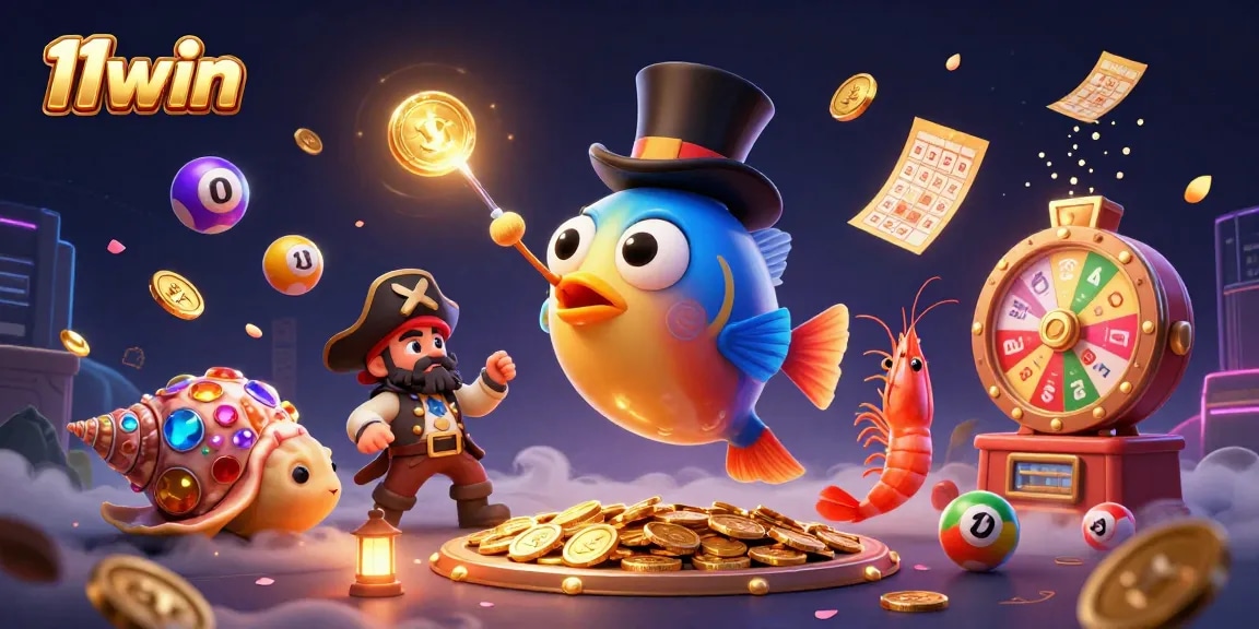 Experience the vibrant thrill of 11win with a 3D anglerfish attracting golden coins and dynamic gaming elements.