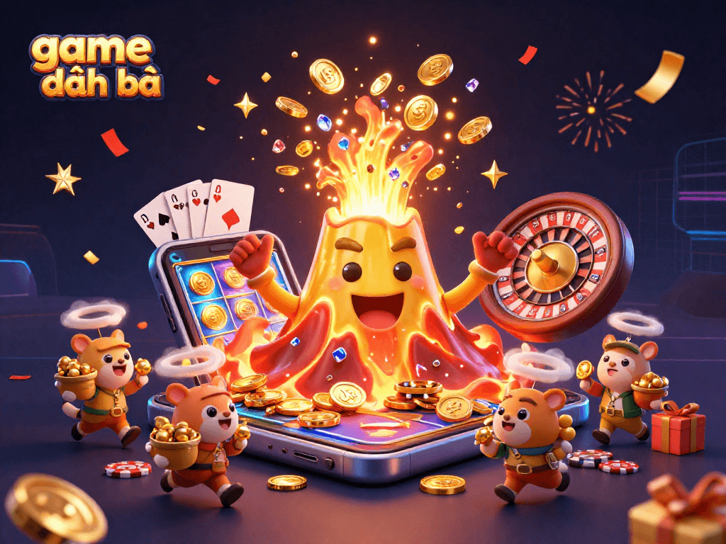 Experience the thrill of game đánh bài with a vibrant 3D casino illustration featuring an erupting volcano of treasures.