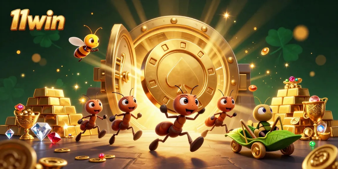 11win’s animated ants steal a giant poker chip in an exciting heist scene.