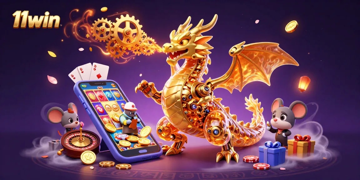 Engage with 11win's thrilling games featuring a golden dragon and dynamic casino elements.