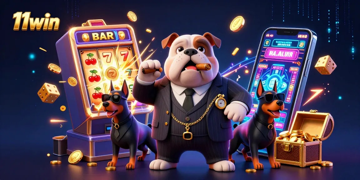 11win showcases thrilling slot action with a mafia boss bulldog and jackpot excitement.