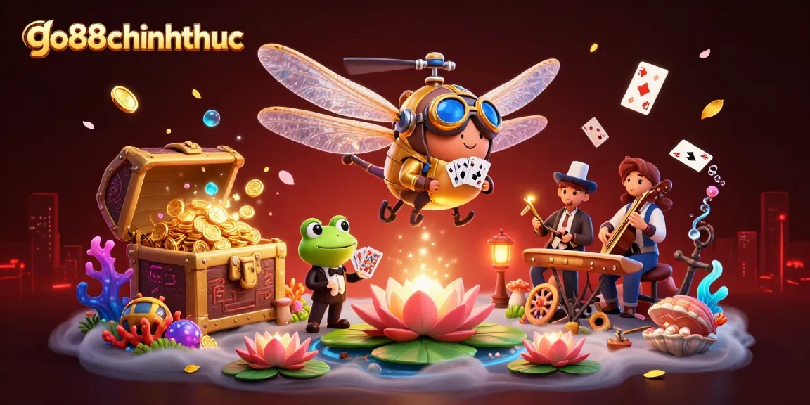 Engage with go88chinhthuc in this vibrant 3D casino scene featuring a dragonfly pilot and frog dealer.