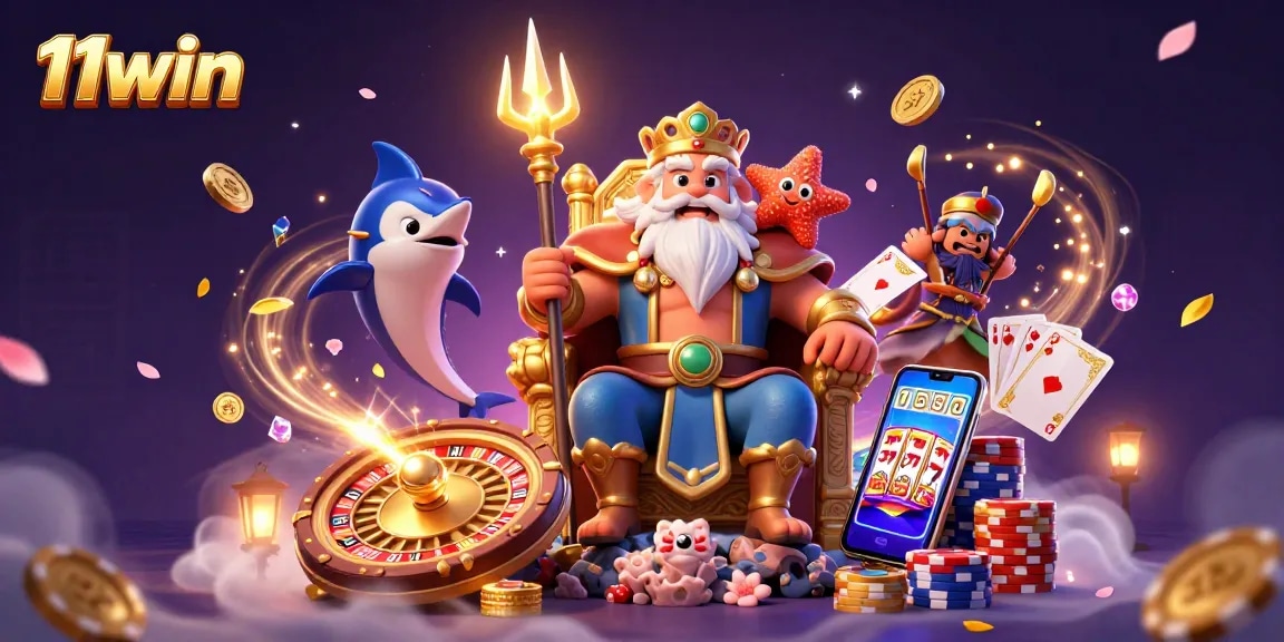 Experience the thrill of 11win with Neptune amidst dazzling casino elements in this vibrant scene.