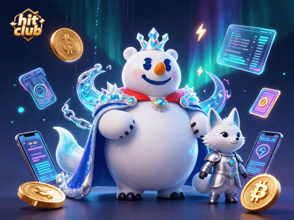 Join the action at hit club with a vibrant 3D scene featuring gaming and crypto elements.