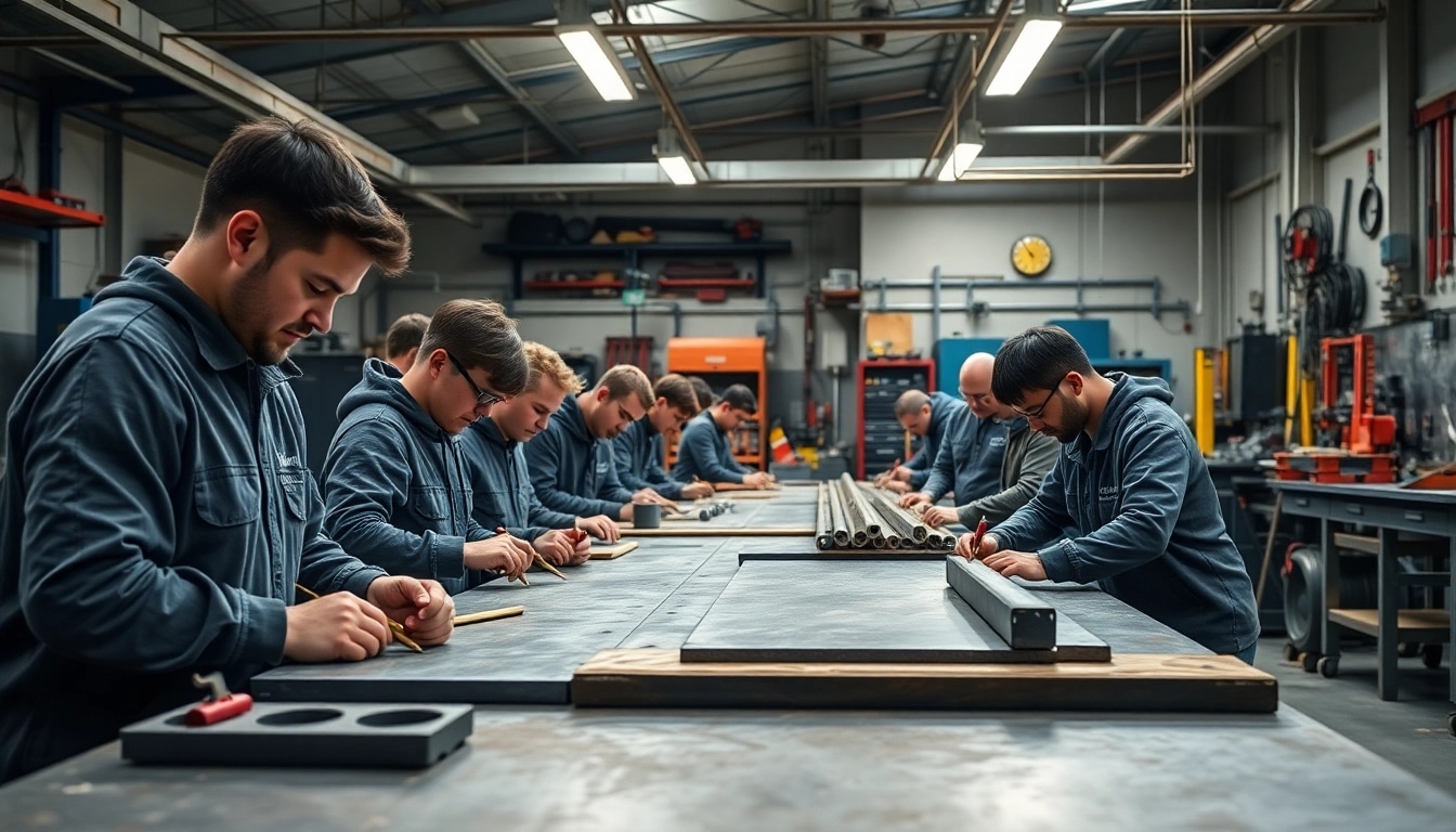 Engaged trainees participating in sheet metal training activity with hands-on experience.