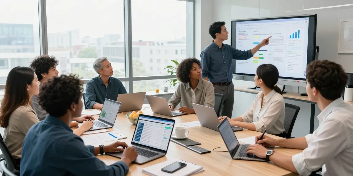 Team collaborating in a modern office discussing a service marketplace + CRM platform, highlighting teamwork and innovation.