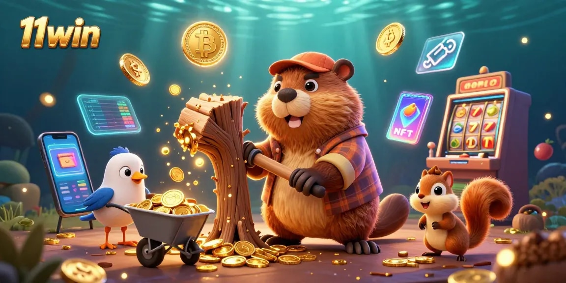 11win showcases a lively casino scene with a 3D lumberjack beaver amongst gold coins and slot symbols.