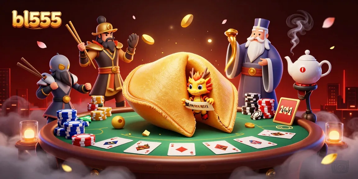 Engage with bl555's vibrant casino atmosphere, featuring a giant fortune cookie and poker elements.