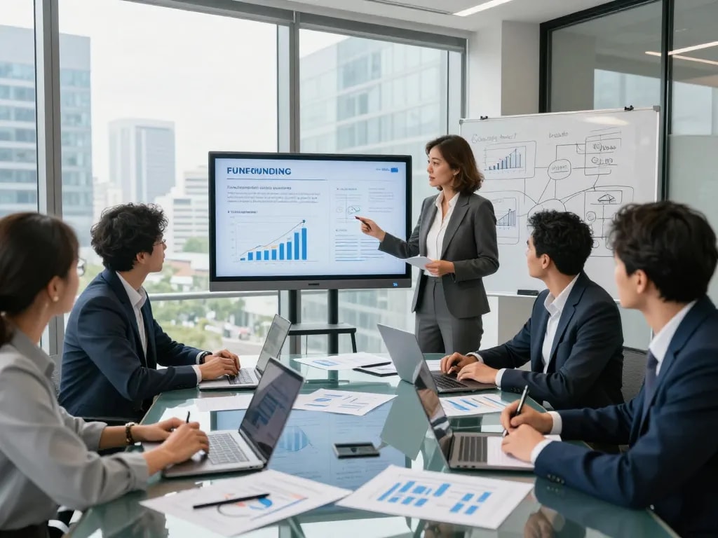 Team discussing Commercial project funding strategies in a modern conference room.