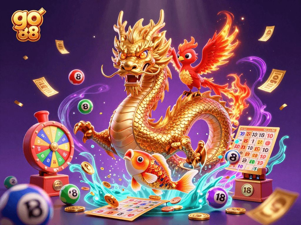 Experience exhilarating fun in go 88 with vibrant lottery balls, a dragon, and exciting game elements.