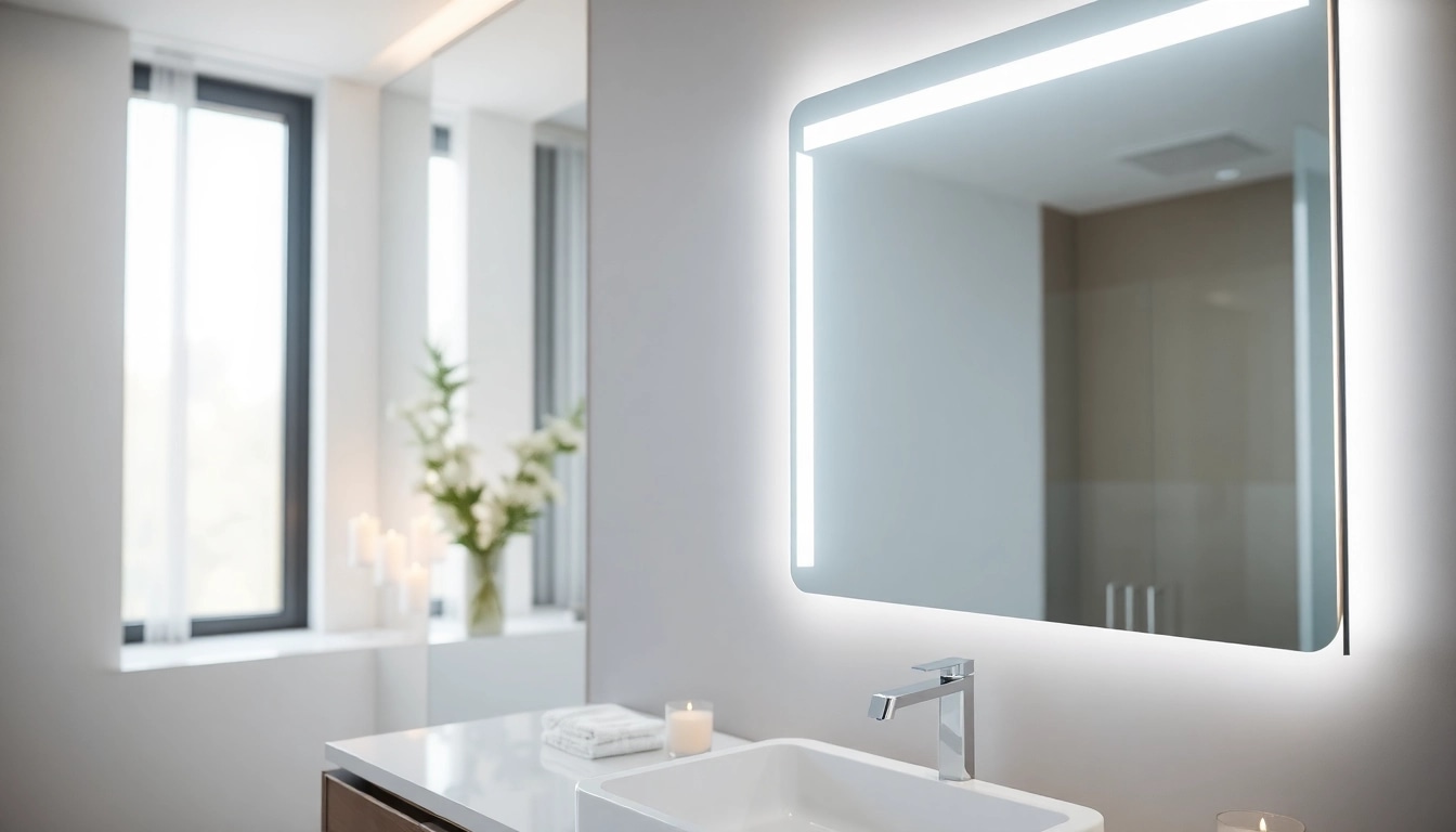 Showcasing an elegant LED mirror in a modern bathroom for a sophisticated ambience.