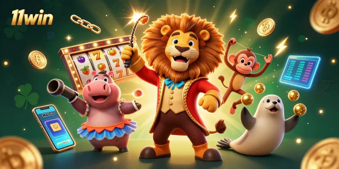 Engage in gaming excitement with 11win's vibrant circus scene showcasing crypto elements and slot themes.