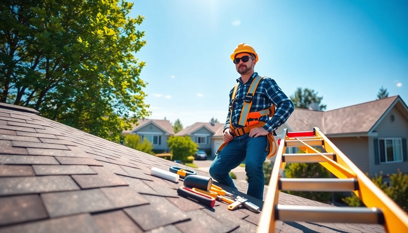 Roofing contractor visually inspecting residential roofing materials with safety gear.