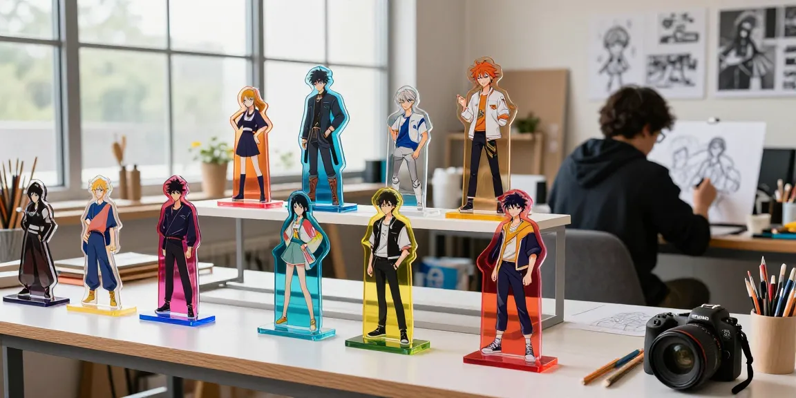 Vibrant custom acrylic stands displayed artistically with unique designs.