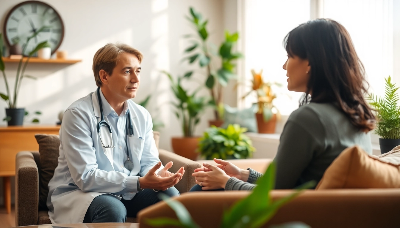 Mental wellness session with a counselor and client in a calming environment.