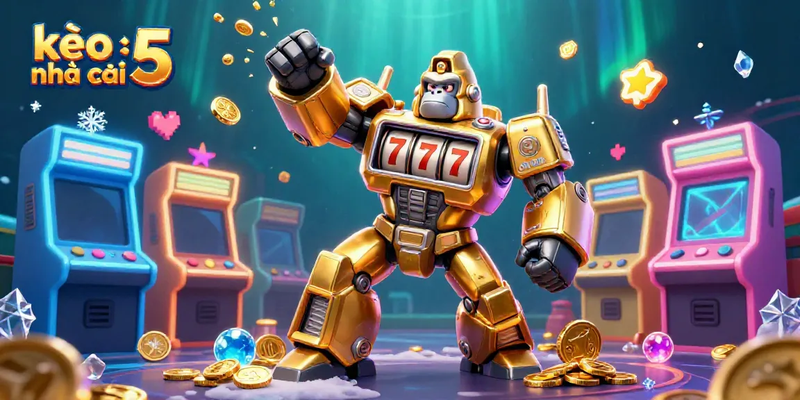 Experience the thrill of kèo nhà cái 5 with a golden gorilla mech amidst vibrant casino elements.