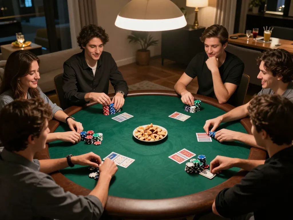 Players enjoying a strategic poker game during a cozy home night with mb66-t atmosphere.