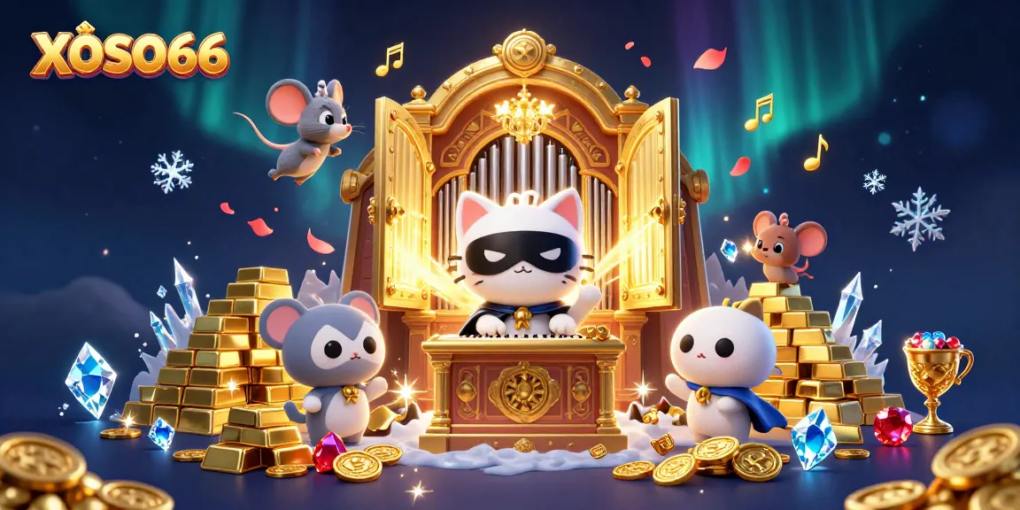XOSO66 players engage with exciting casino activities amidst a magical treasure scene filled with vibrant gems and gold.