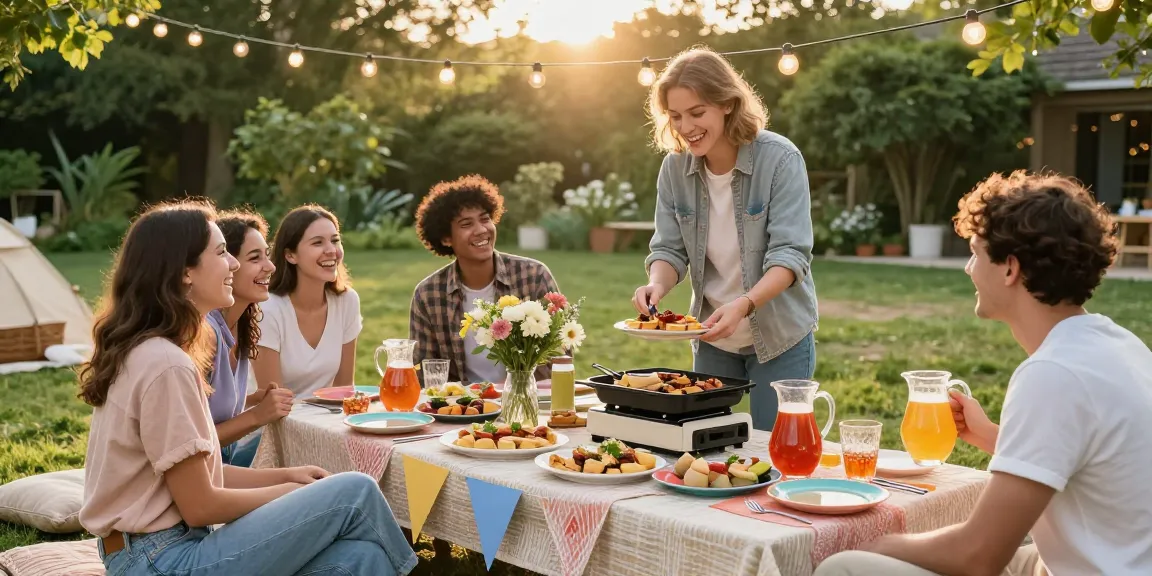 Entertaining blogs featuring a vibrant outdoor gathering with friends enjoying food and laughter.