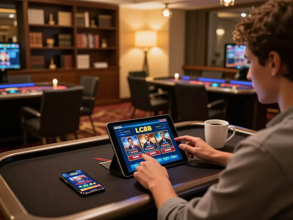 Person enjoying online gaming at https://lc88.it.com/ on a tablet, with a stylish setup and warm lighting.