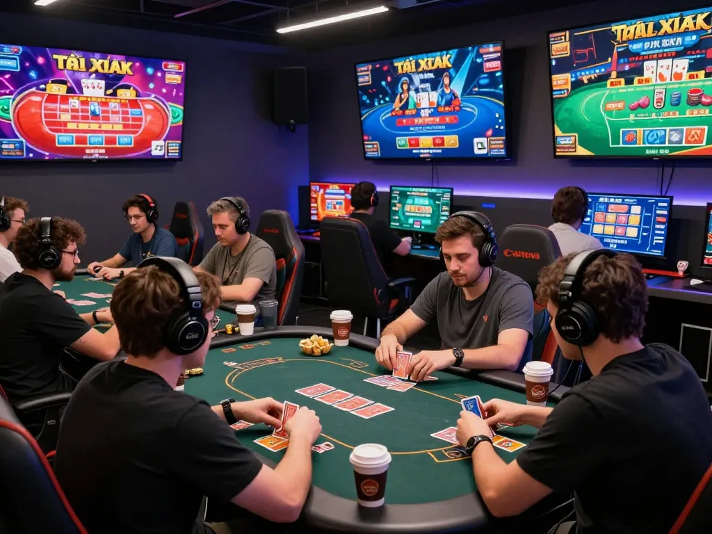 Exciting gaming scene with players enjoying rikvip card games and snacks.