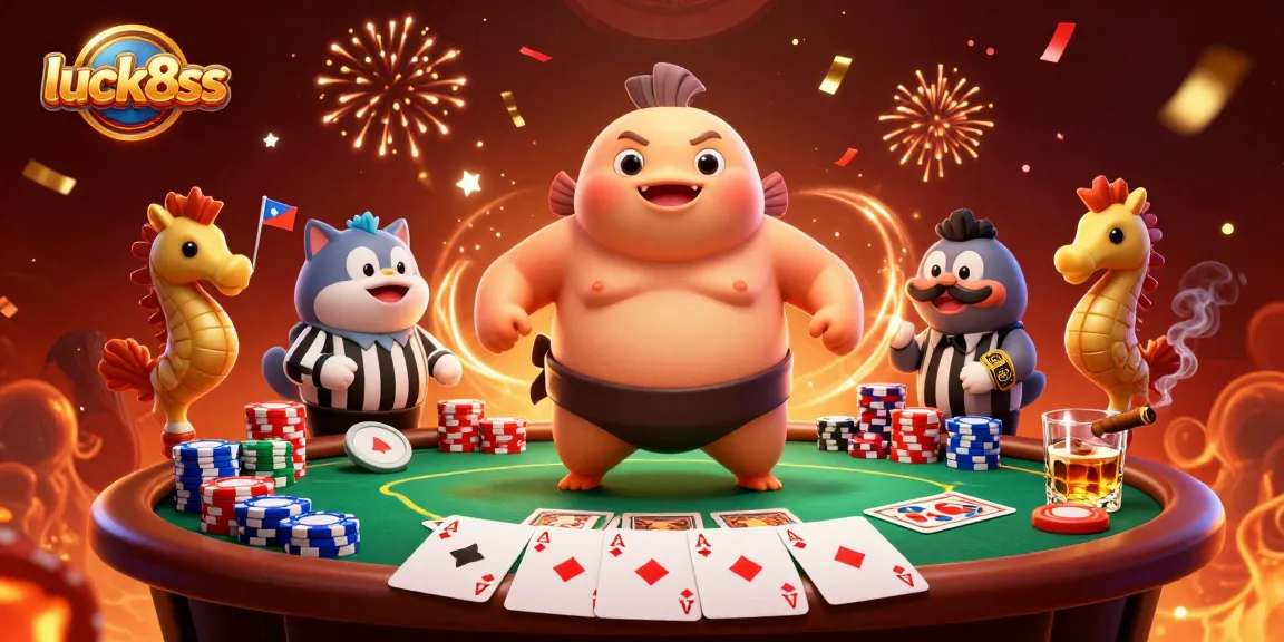 Experience the vibrant world of luck8ss with a lively poker scene featuring dynamic characters.