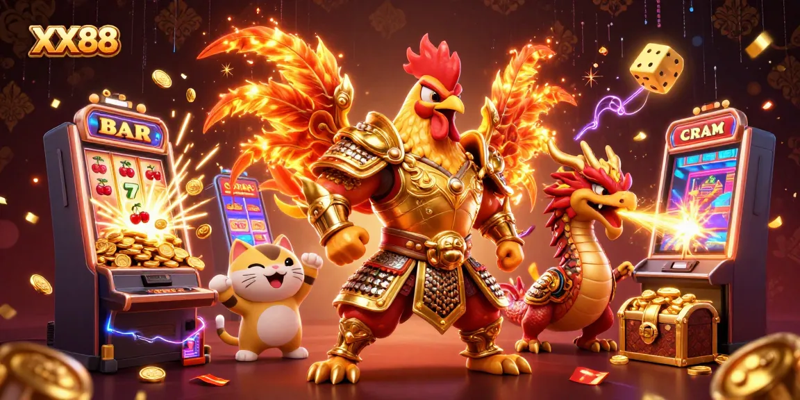 Experience thrilling action at XX88, with dynamic characters amidst vibrant casino scenes featuring jackpots and casino games.