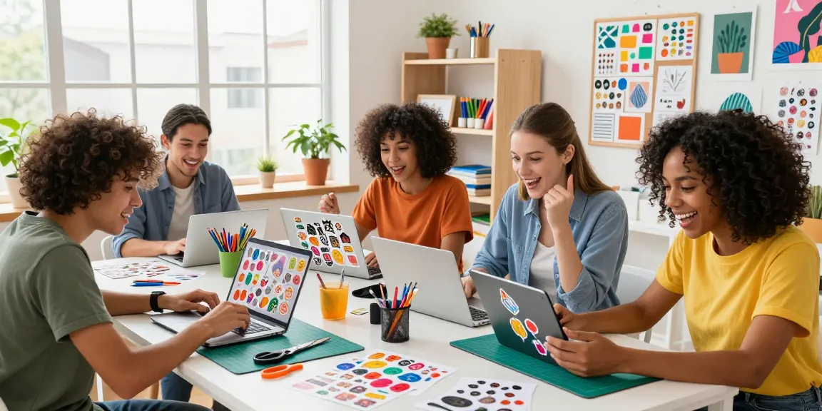 Creating custom stickers in a vibrant workspace with diverse young adults using laptops and colorful crafting tools.