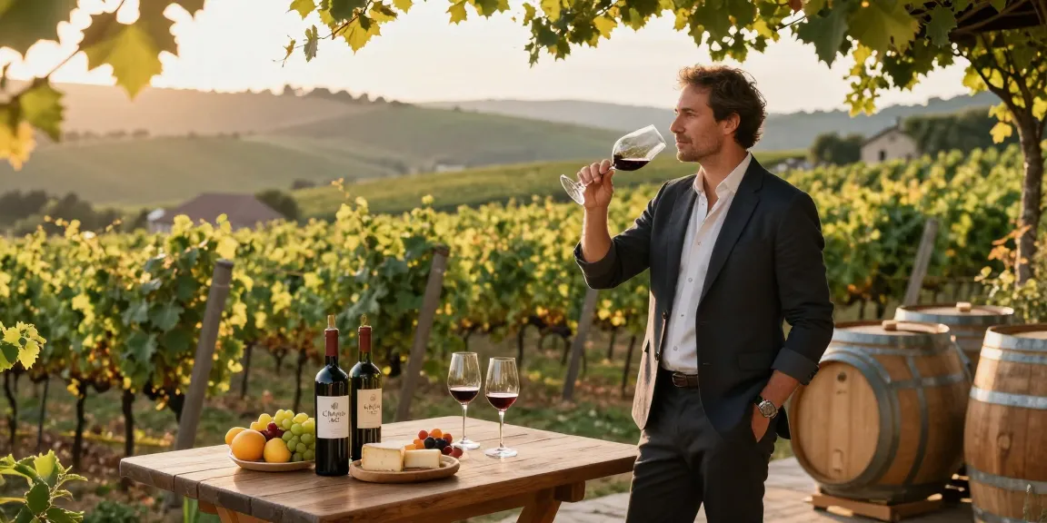 Chatoo 1942 wine tasting at sunset in a vineyard, sommelier enjoying the moment.